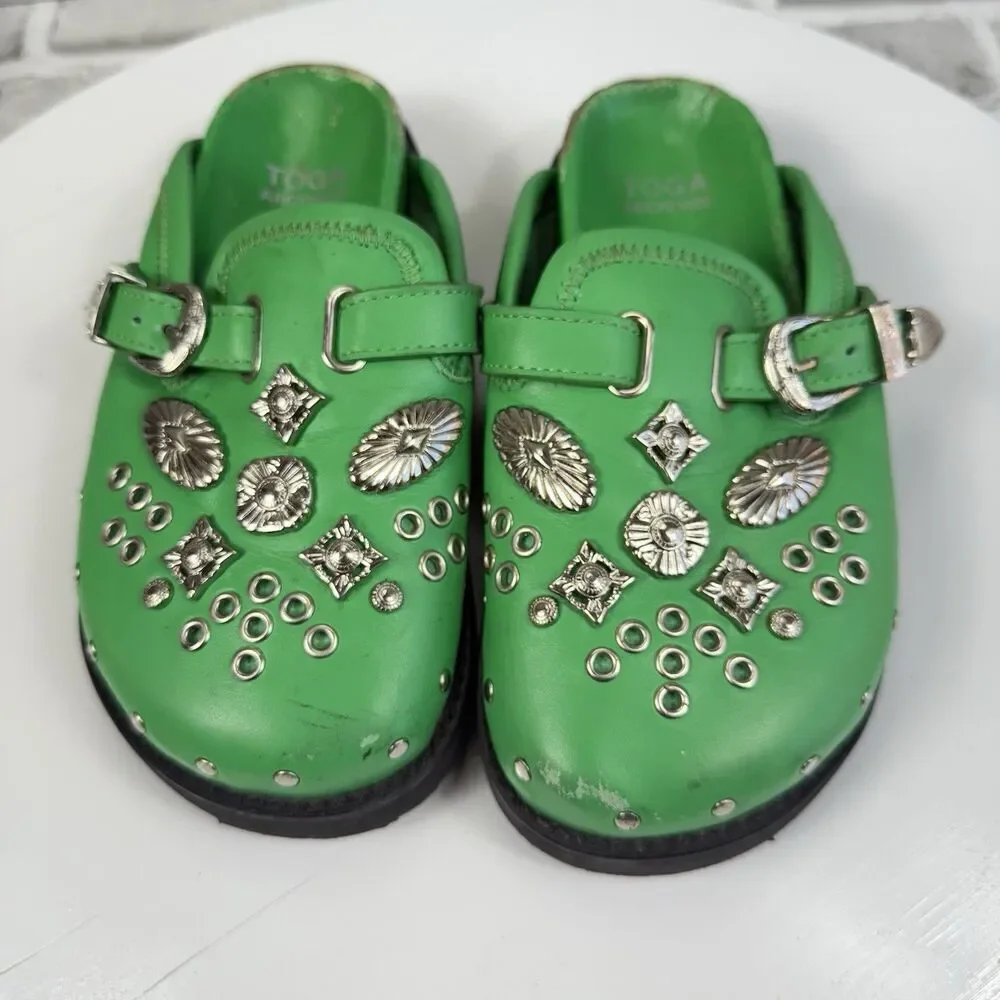 Toga Virilis Archives Green Metal Sabot Eyelet Mules Size 31 EU- US 13/13.5 Kids